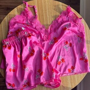 Colsie Hot Pink Cherry Heart Lace Sexy Sleepwear Set